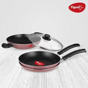 Pigeon Basics Non Induction Base Nons tick Aluminium Cookware set, including Nonstick Dosa Tawa, Nonstick Kadai With Glass Lid, and Nonstick Frying Pan, (Pink)